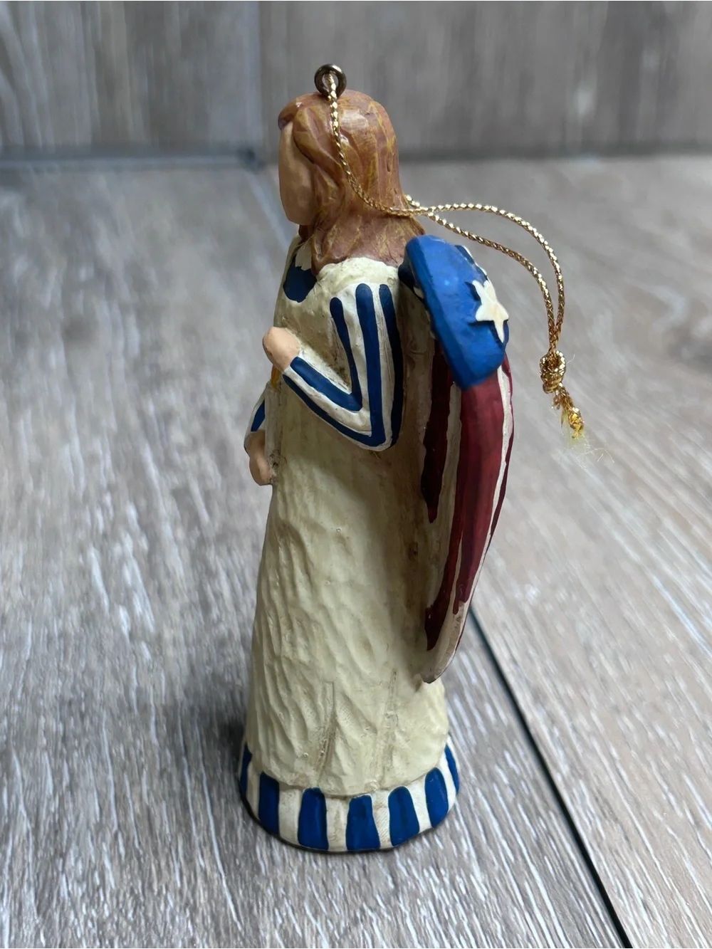 Patriotic Americana Angel Ornament American Flag Wings Faux Wood Carved 4